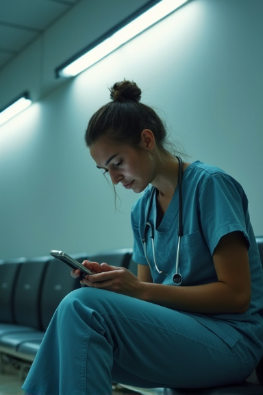 A woman in scrubs sits on a hospital break room bench, looking down at her phone with a concerned expression, single overhead window creating dramatic lighting as she appears to be calculating costs o