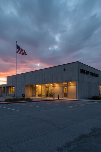 Exterior view of a modest IRS office building at dusk, brutalist government architecture with geometric lines, empty parking lot and flagpole in foreground, dramatic evening sky casting long shadows a