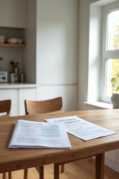 An empty kitchen table with stacks of insurance documents and comparison printouts spread across its surface, lit by natural window light in a minimalist home interior with no people present.