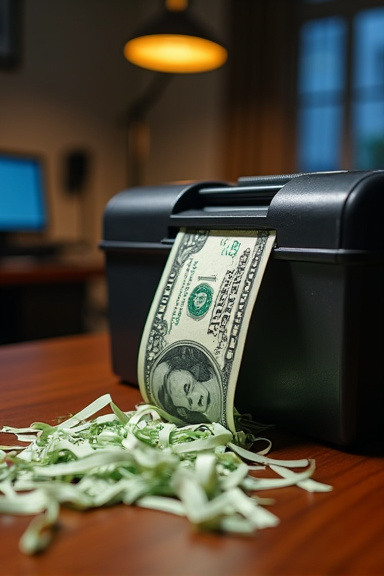 A single dollar bill being slowly fed into a paper shredder, with thin green strips already scattered below on a mahogany desk surface. A home office setup with a closed laptop sits blurred in the bac