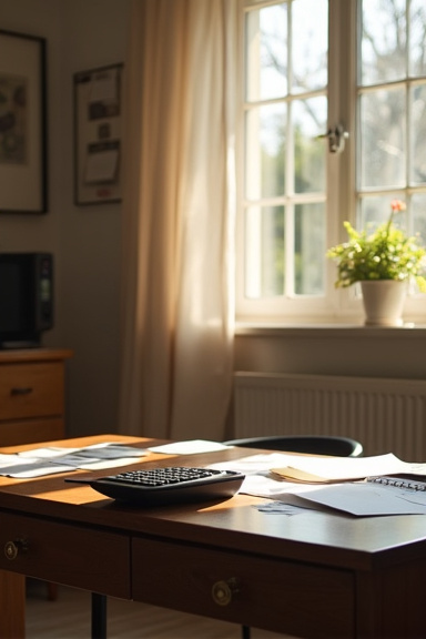 A quiet home office desk with an open calculator and scattered papers in afternoon sunlight, the chair pushed back as if someone just stepped away, shot from a low angle looking up.