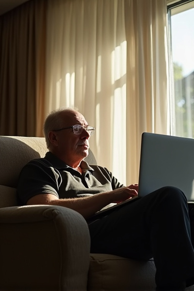 An older man seated in his living room armchair, laptop open as he reviews his mortgage servicer's website, afternoon light streaming through curtains creating dramatic contrast as he looks off-camera