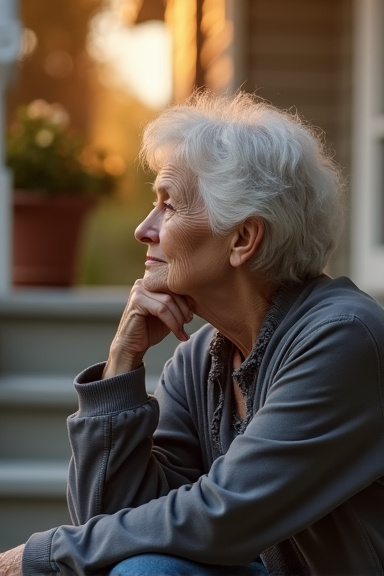 A widow in her 70s seated on the front porch steps of a large suburban home, chin resting on her hand as she stares off into the distance. Golden hour light illuminates her profile while the house's d