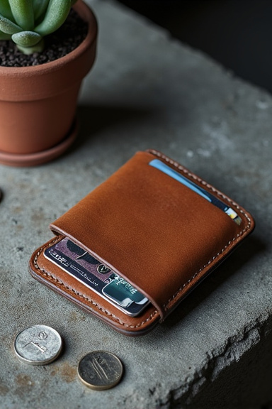 A concrete surface displaying an open leather wallet with credit cards visible, next to a small potted succulent and scattered loose change, photographed from a low angle with moody overhead lighting
