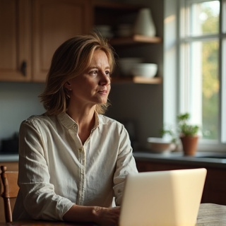 A middle-aged woman in casual clothing sitting at her kitchen table with a laptop open, looking thoughtfully off-camera toward a window. Dramatic natural window light creates strong shadows across her