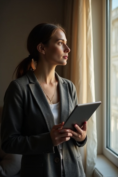 A young professional woman in her 30s standing by her apartment window, holding a tablet and gazing out thoughtfully. Soft dramatic window light illuminates half her face while casting the room in gen