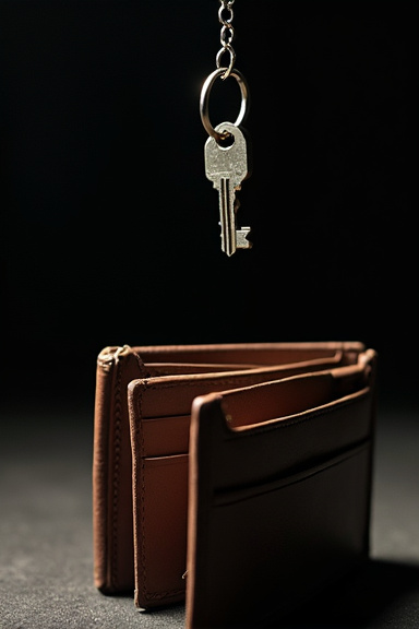 A single house key suspended by a thin thread above an open wallet with empty card slots, the thread appearing to fray and ready to snap, captured in dramatic chiaroscuro lighting with deep shadows.