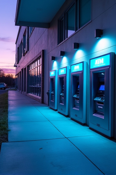 A row of identical ATM machines lined up along the exterior wall of a modern credit union building at dusk, with purple twilight sky and glowing screen displays casting blue light on the concrete walk