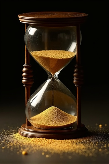 A vintage hourglass with golden sand, where the bottom chamber has a small hole allowing the accumulated sand to leak out onto a dark surface below. Soft dramatic lighting illuminates the escaping gra