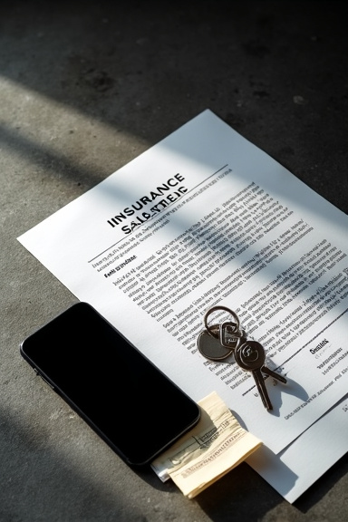An insurance policy document partially unfolded next to a smartphone, apartment keys, and a small pile of receipts arranged on dark concrete, shot with dramatic side lighting creating strong contrast.