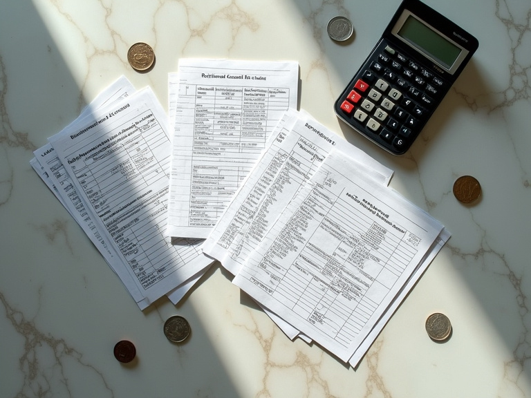 Top-down view of a marble surface with stacks of retirement account statements, a vintage calculator, and loose change scattered between the papers, all bathed in harsh directional lighting that creat
