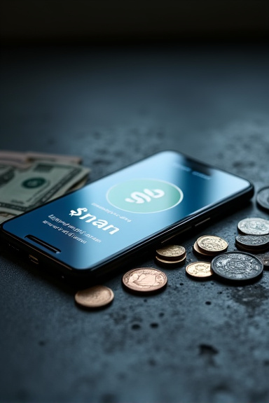 A sleek smartphone displaying a financial app screen sits on dark concrete beside a small pile of cash bills and coins, with dramatic side lighting highlighting the contrast between digital banking an