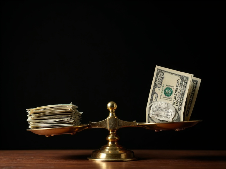 A vintage brass scale heavily tilted to one side, with stacks of crisp hundred-dollar bills weighing down the lower end while a single crumpled tax notice floats weightlessly on the higher side. Moody