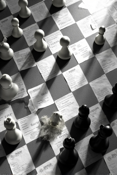 A chess board photographed from above showing white pawns clustered defensively while black knights move freely across the board, with scattered property deeds and assessment forms replacing tradition