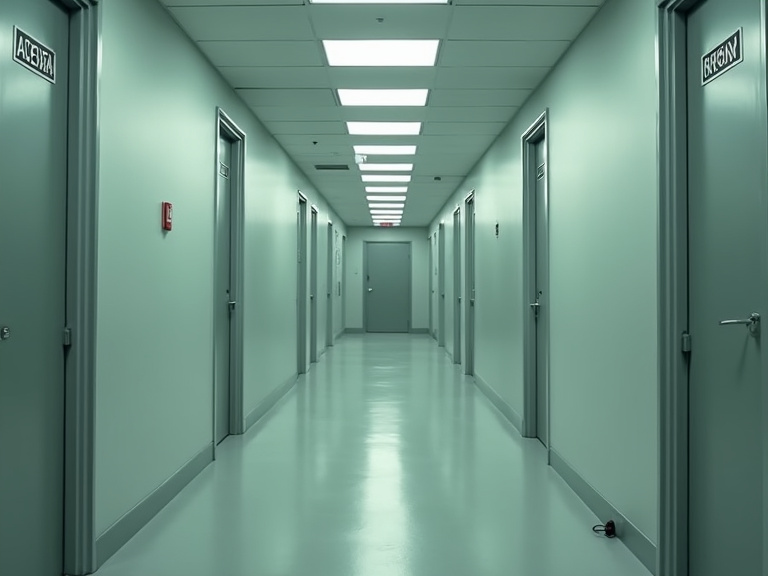 A sterile corporate hallway lined with identical office doors, each bearing different title placards, fluorescent lighting casting a cold institutional glow with no people visible, shot in Wes Anderso