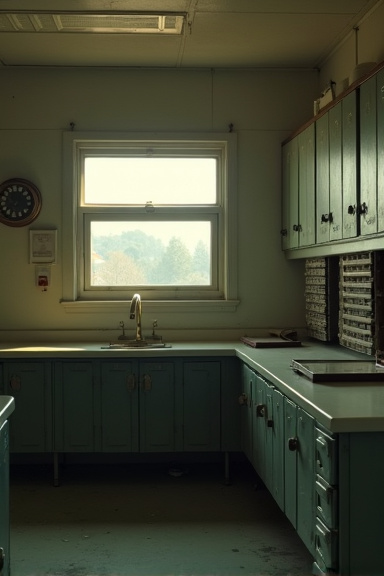 An abandoned employee break room with a wall-mounted time clock and empty punch card slots, early morning light filtering through a small window, creating a melancholic atmosphere of workplace routine