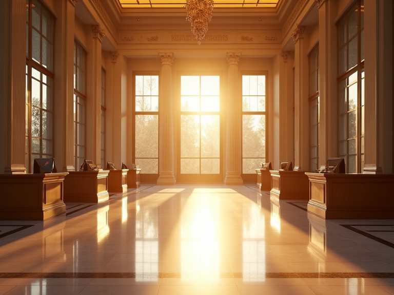 Pristine bank lobby at golden hour with empty teller windows and customer service desks, warm sunlight filtering through large windows onto polished surfaces, classical architecture with no people vis