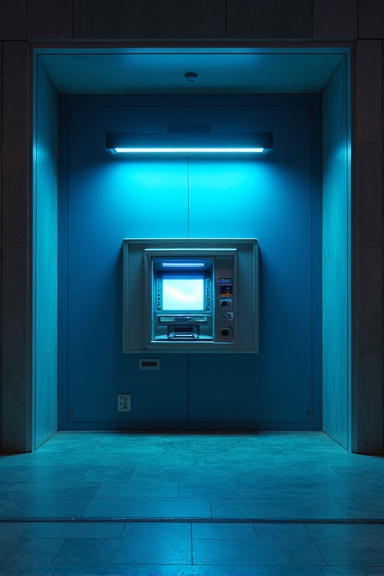 Close-up view of an abandoned ATM alcove at dusk, soft blue light from the machine's screen illuminating the empty space, modern banking interior with geometric patterns and clean lines.