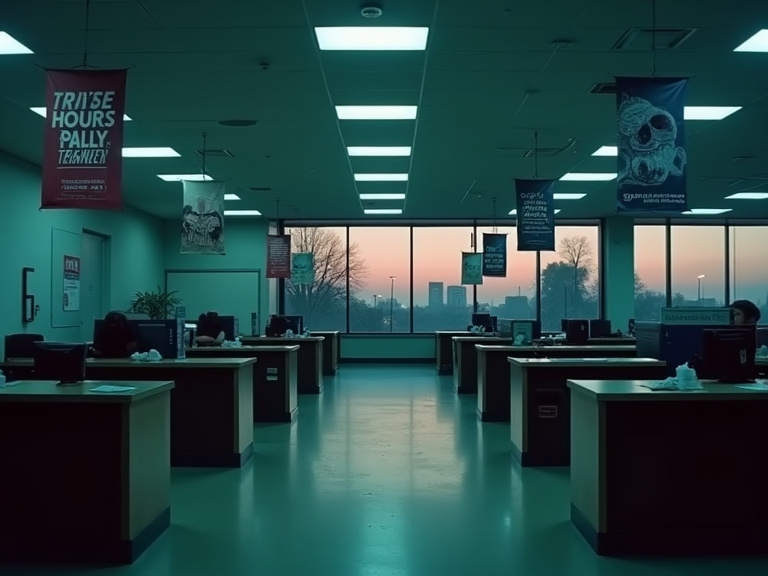 A deserted credit union interior at twilight, with rows of empty consultation desks and promotional banners hanging motionless in the dim fluorescent lighting, creating an eerie corporate atmosphere r