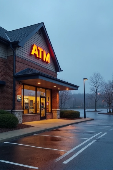 The exterior of a small-town financial services building at dawn, with ATM machines glowing softly in the early morning mist and empty parking spaces stretching into the distance under overcast skies.