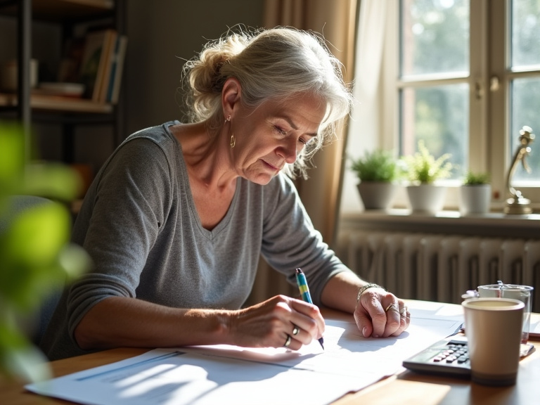 A middle-aged woman in casual clothes sitting at her home desk reviewing retirement paperwork spread across the surface, calculator and coffee mug nearby, warm afternoon light creating authentic shado