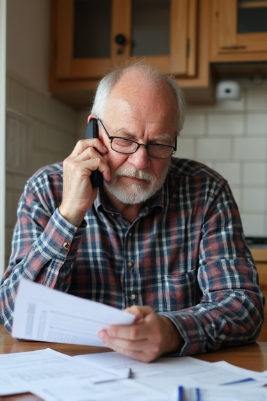 An older man in a plaid shirt making a phone call while looking at financial documents on his kitchen counter, his reading glasses and a pen visible, captured in natural available light with slightly