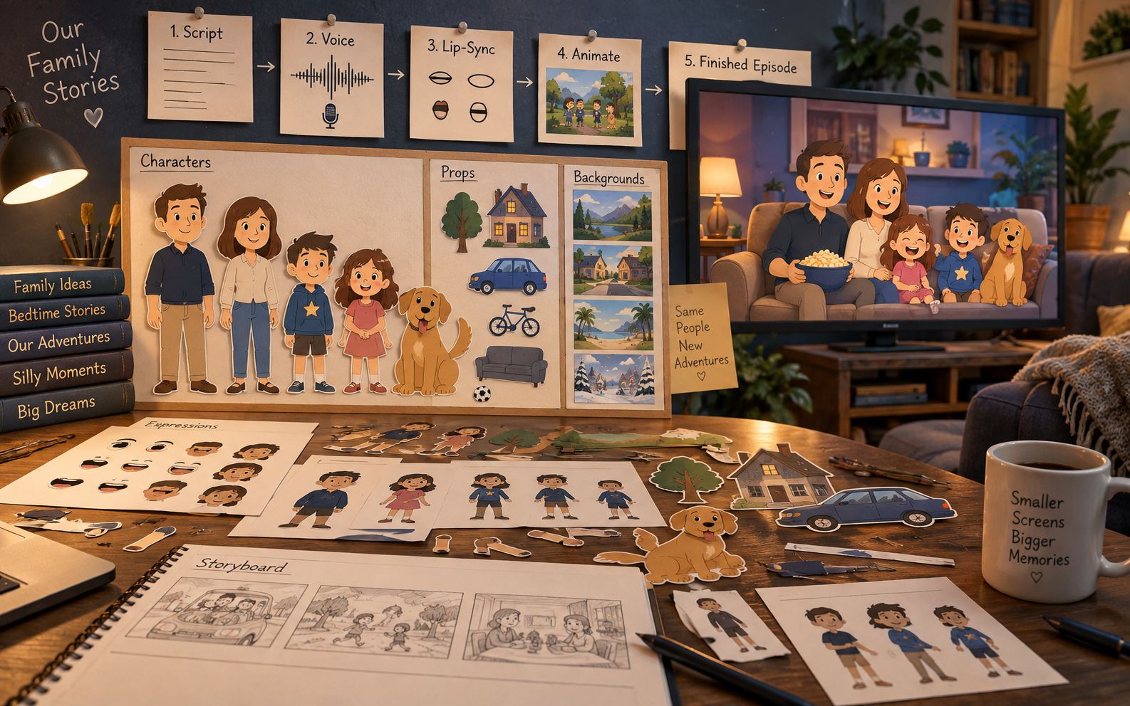 A cartoon workshop desk: pinned cards for script, voice, lip-sync, animate, and finished episode; a board of reusable family character cut-outs, props, and backgrounds; a storyboard; and the finished episode of the cartoon family on a TV
