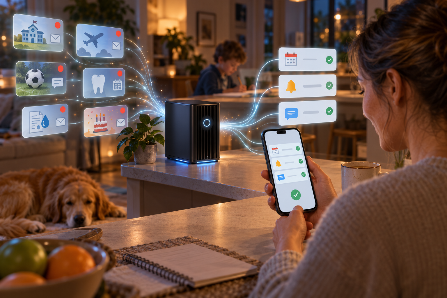 Incoming emails from school, an airline, soccer, the dentist, a utility, and a birthday invitation flow into the home server on a kitchen counter, and out the other side as calendar, reminder, and message items that a mother approves on her phone