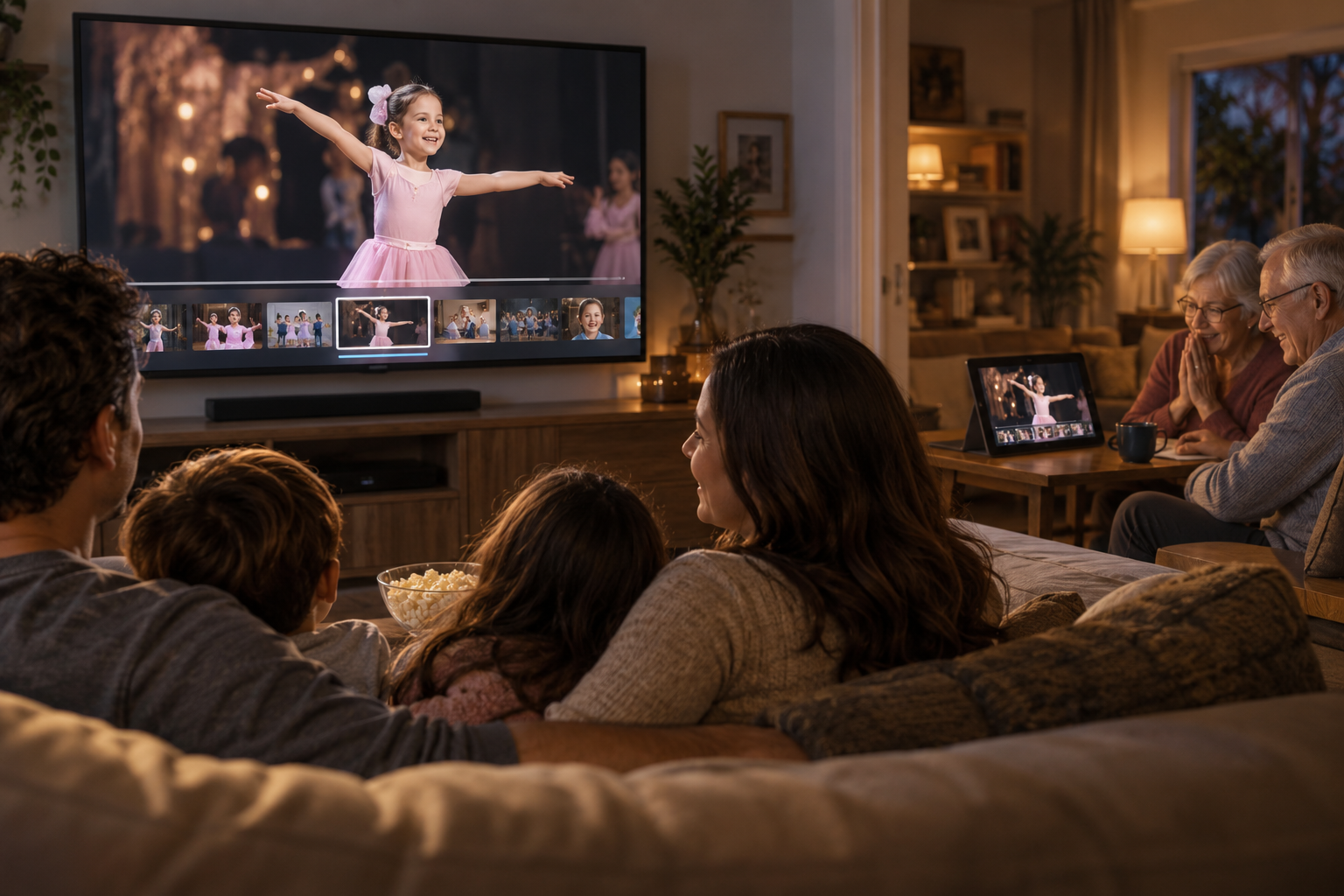 A family watching their daughter's ballet recital on the TV with a highlight timeline underneath, while grandparents watch the same clip on a tablet