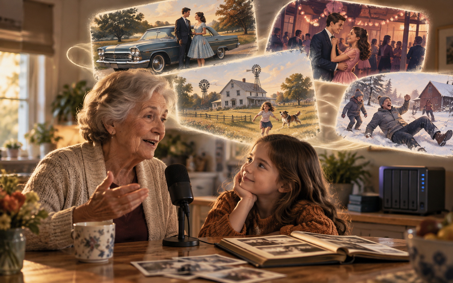 A grandmother at a kitchen table speaking into a small microphone while illustrated panels of her memories float behind her