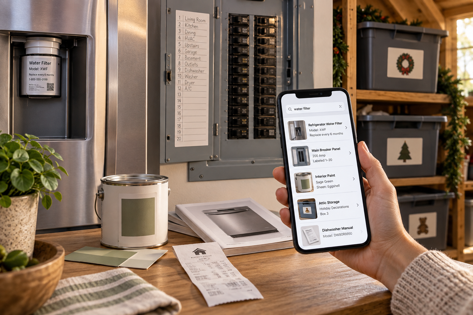 A phone searching 'water filter' returns the fridge filter model, the breaker panel, the paint color, and the holiday bins in the attic, with the real objects around it