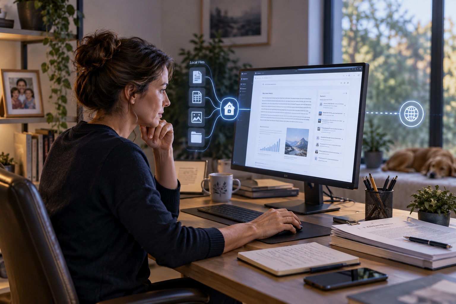 A woman at a home office desk reading a sourced research answer, with local files flowing into a house icon and a separate thin line out to the web