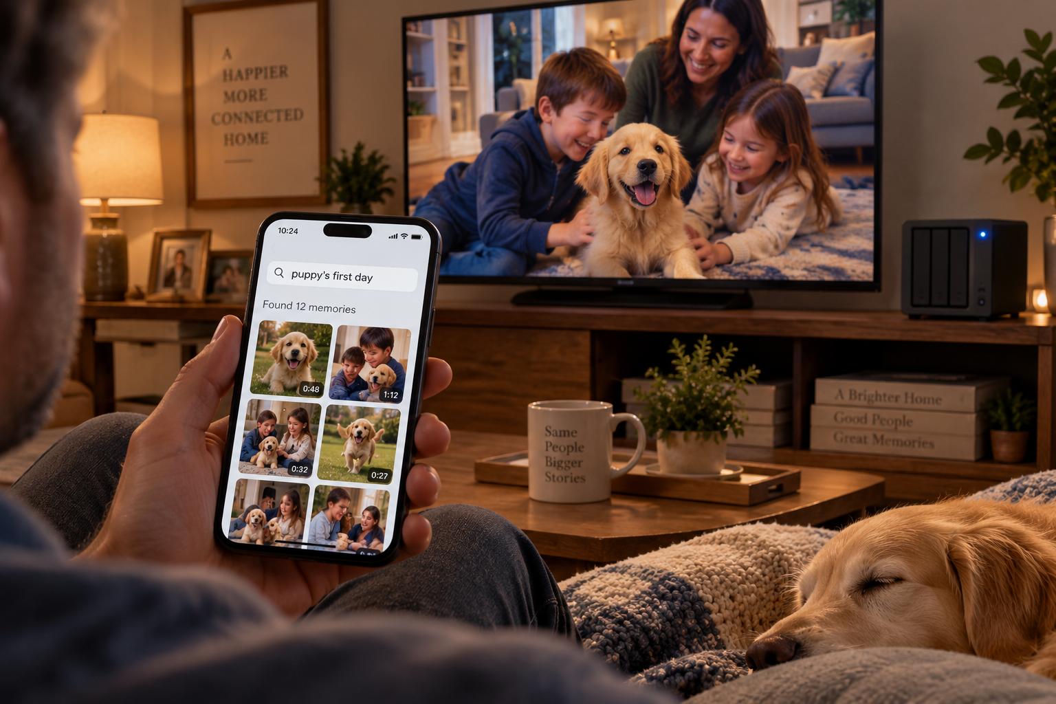 A phone held up in a living room showing a search over a grid of family photos, with the matching home video playing on the TV behind it