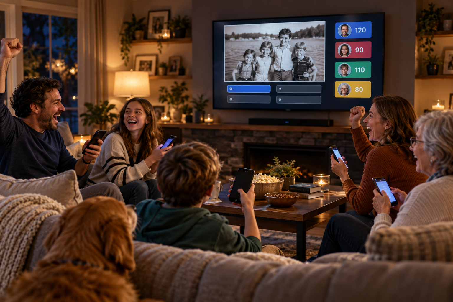 A family and grandmother cheering on the couch, phones in hand, as the TV shows an old family photo and a scoreboard