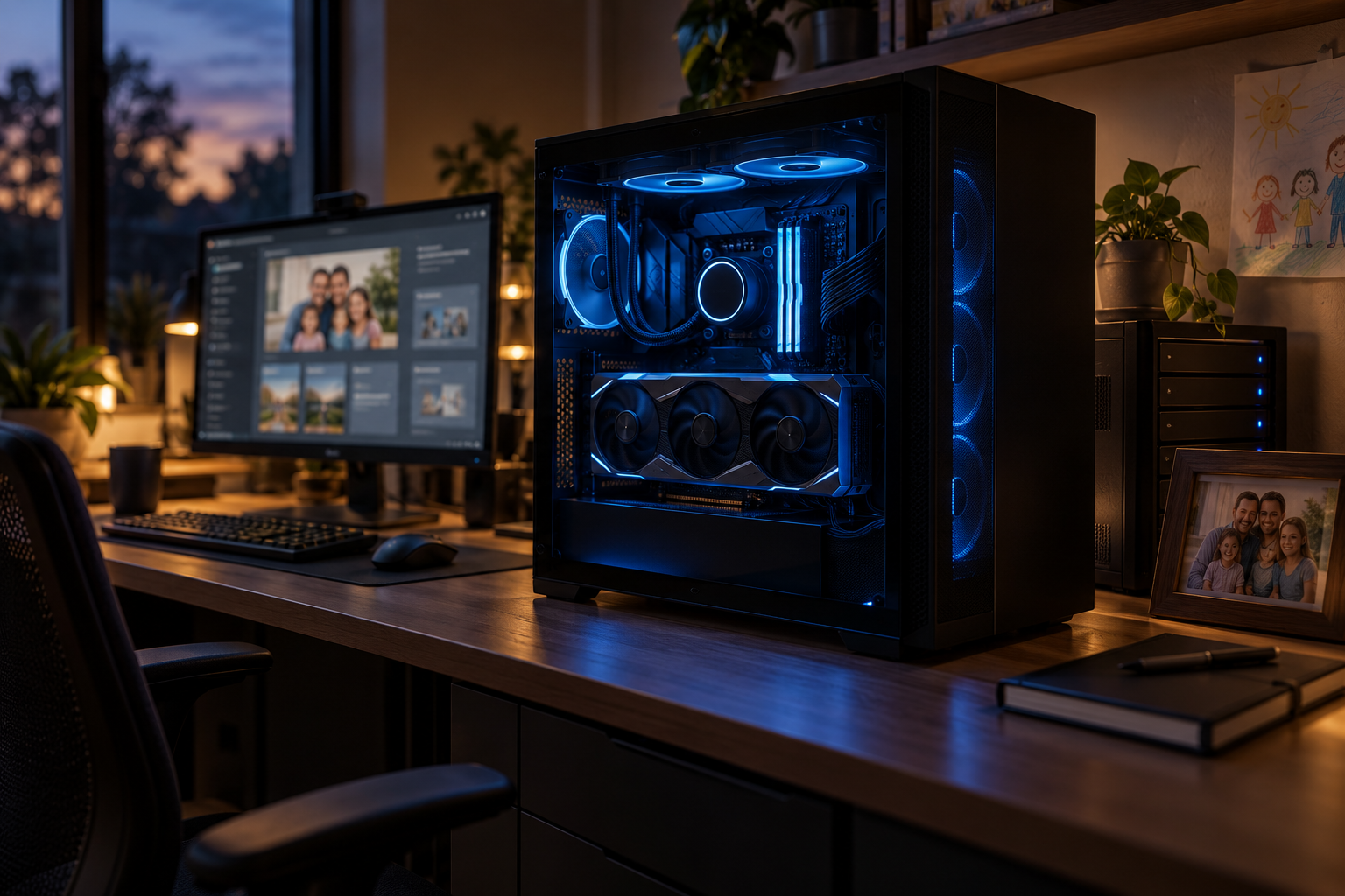 A black PC tower with a glowing GeForce RTX card on a desk in a dim room